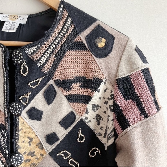 Sandy Starkman Vintage 80’s Wool Patchwork Art to Wear Crop Jacket Black Tan, S - Picture 4 of 10